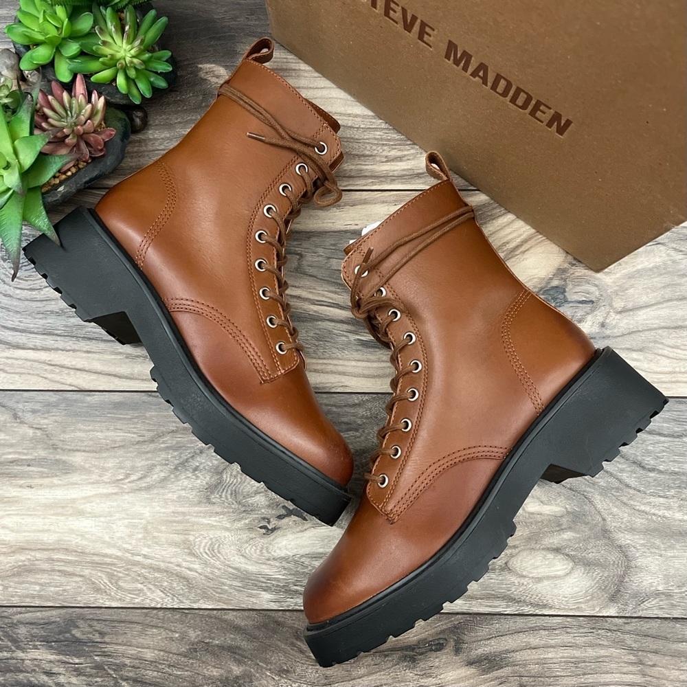 NIB Steve Madden Tornado Cognac Leather Lace Up Combat Boots 9M